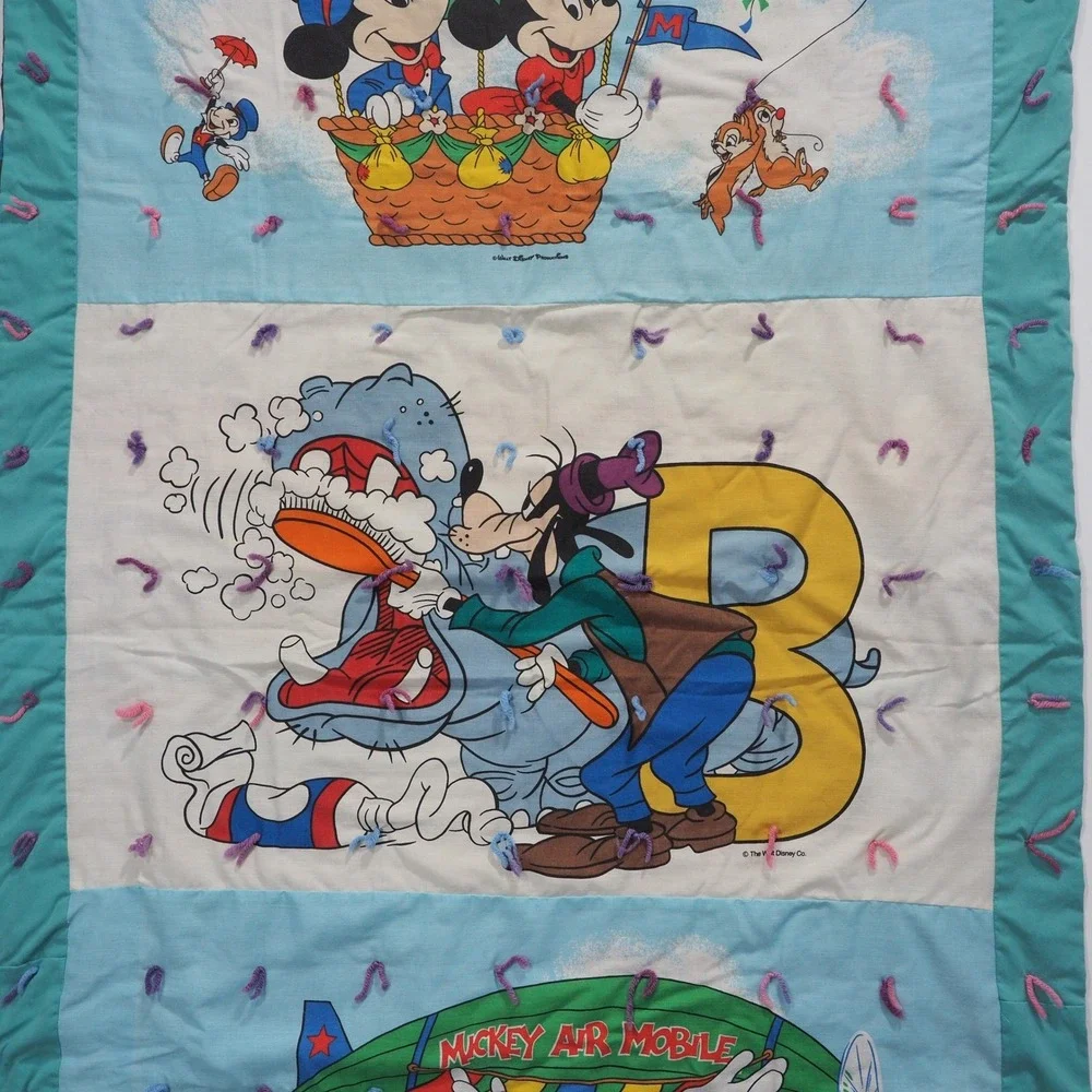 Vintage Disney Mickey Mouse Airplane Baby Crib Quilt Blanket Decor Colorful